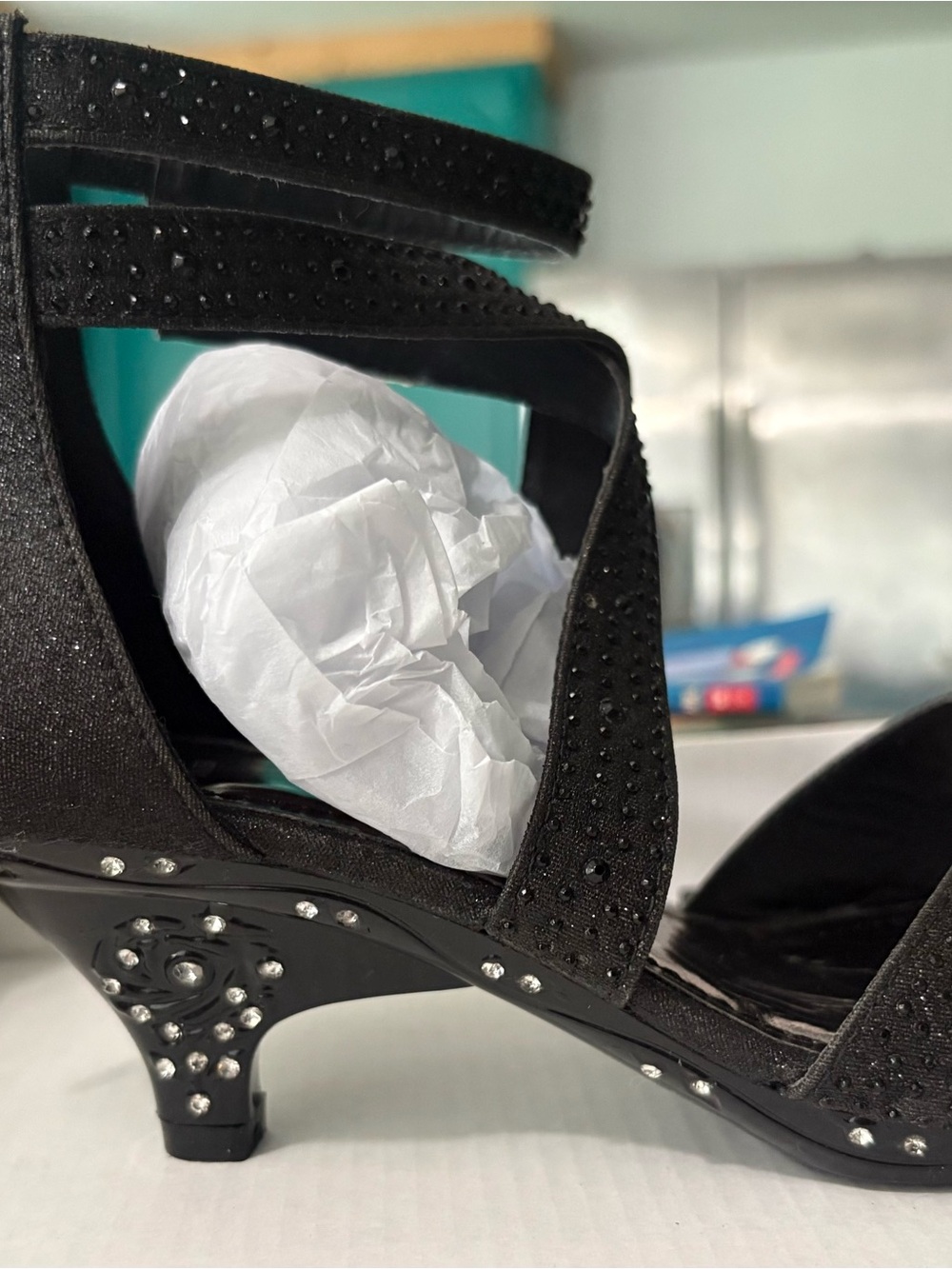 Elegant Black Rhinestone Kitten Heel Sandals